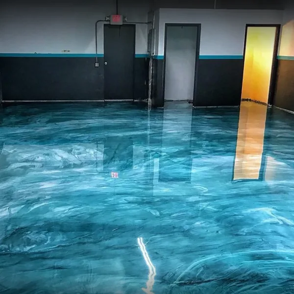 Teal metallic epoxy floor, real metro Atlanta project